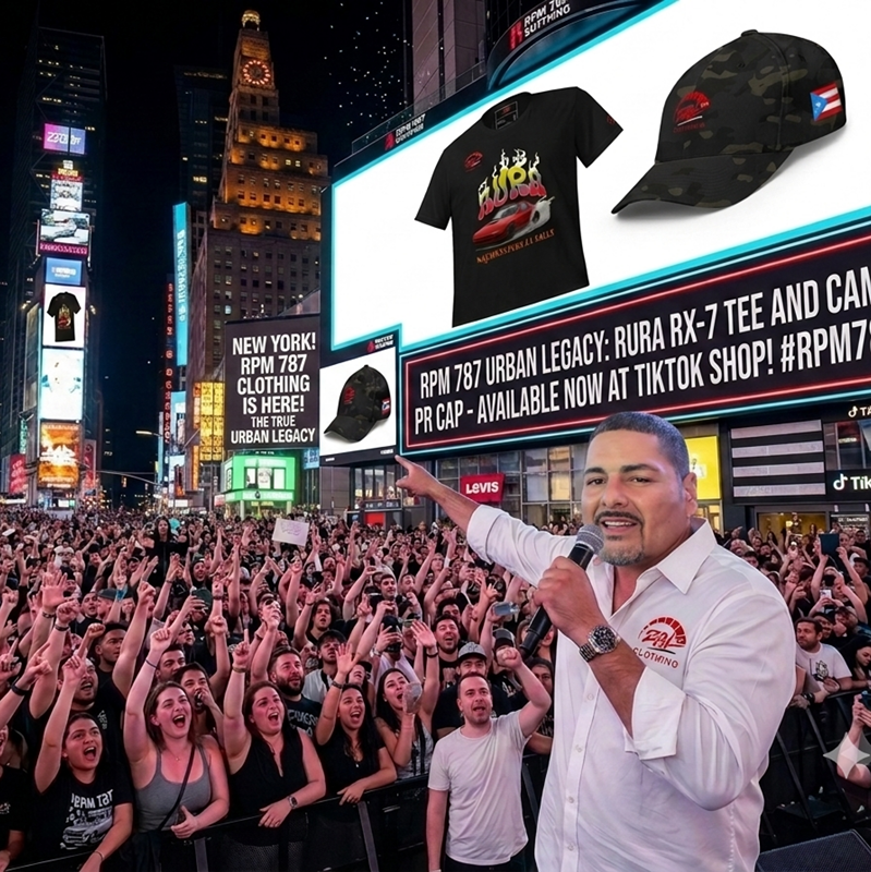 Fernando Rodríguez fundador de RPM 787 Clothing anunciando la marca en Times Square Nueva York
